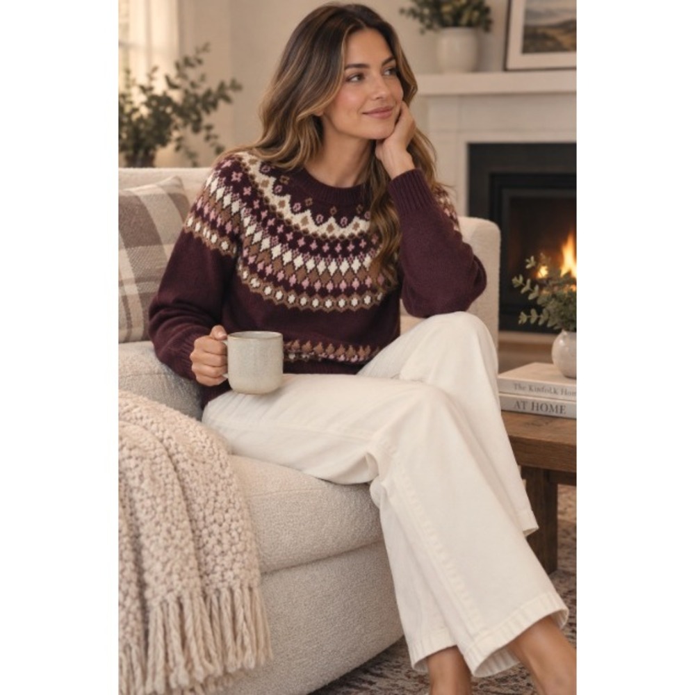 Ann Taylor Burgundy Fair Isle Knit Pullover Sweater Size Large Pink Neutrals